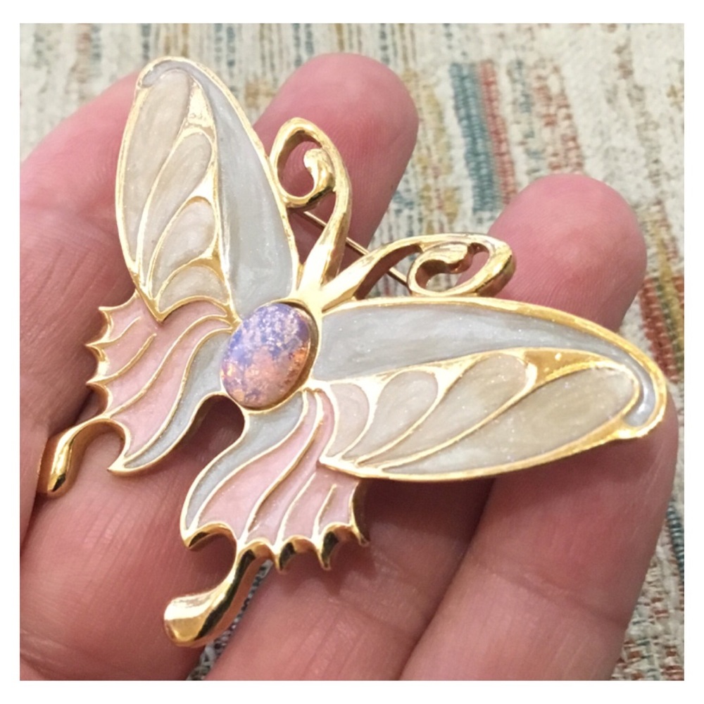 Beautiful Large 3 Tone Swirl Enamel Opal Cabochon Gold Butterfly Brooch - Picture 4 of 10